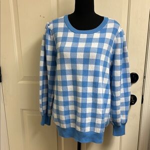 Susan Graver Weekend Balloon Sleeve Jacquard Sweater. Blue and White, XL, EUC